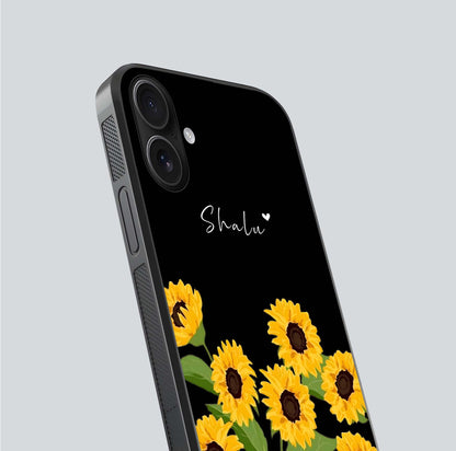 Sunflower Chic Mood Custom Name Glass Case for iPhone 16 close-up angled shot showing HD sunflower pattern