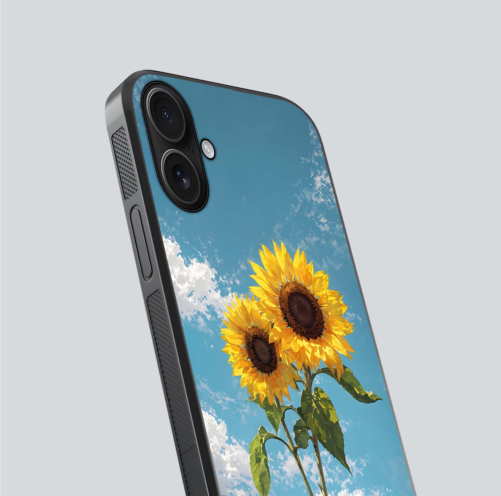 Sunflower Sky Bloom Glass Case for iPhone 16 close-up angled shot highlighting petal details and reflection