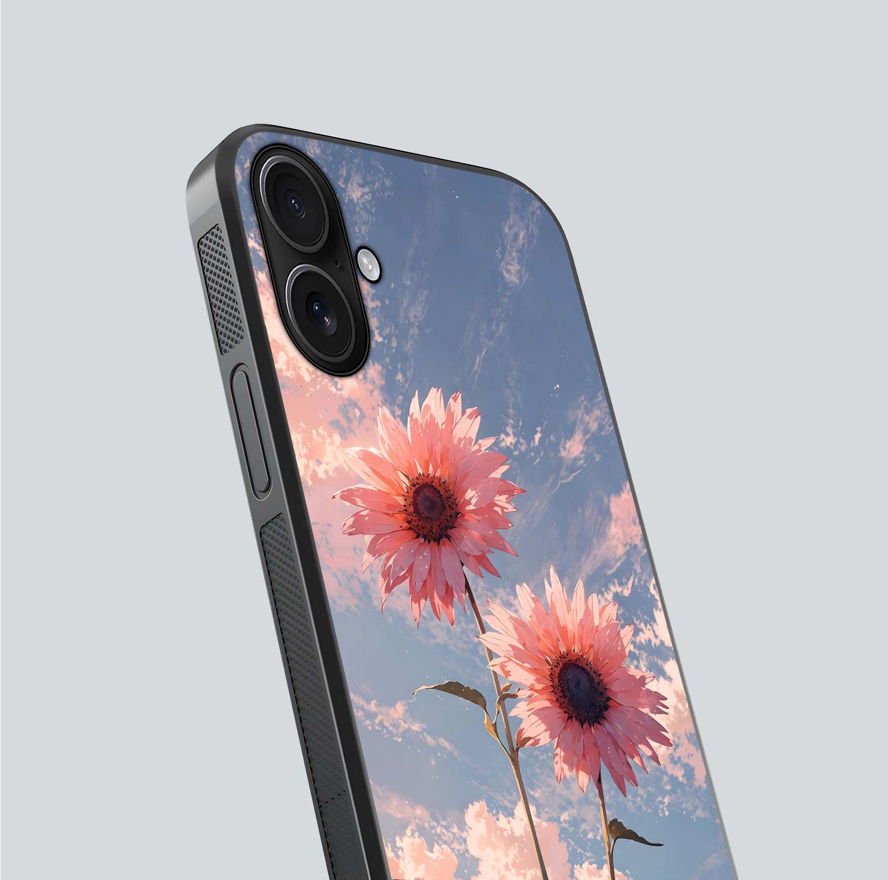 Sunlit Daisy Glow Glass Case for iPhone 16 close-up angled shot highlighting petal texture and reflection