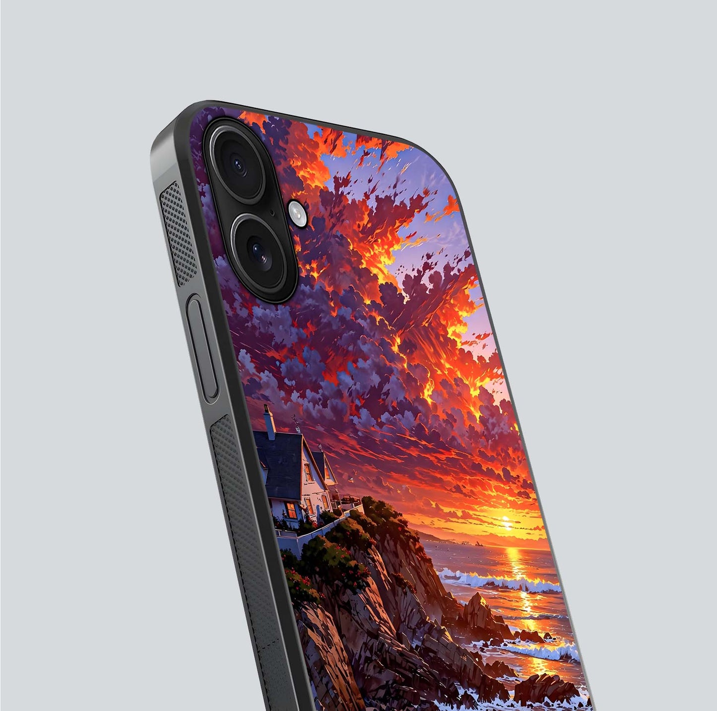 Sunset House by Sea Glass Case for iPhone 16 close-up angled shot highlighting sunset tones and water glow