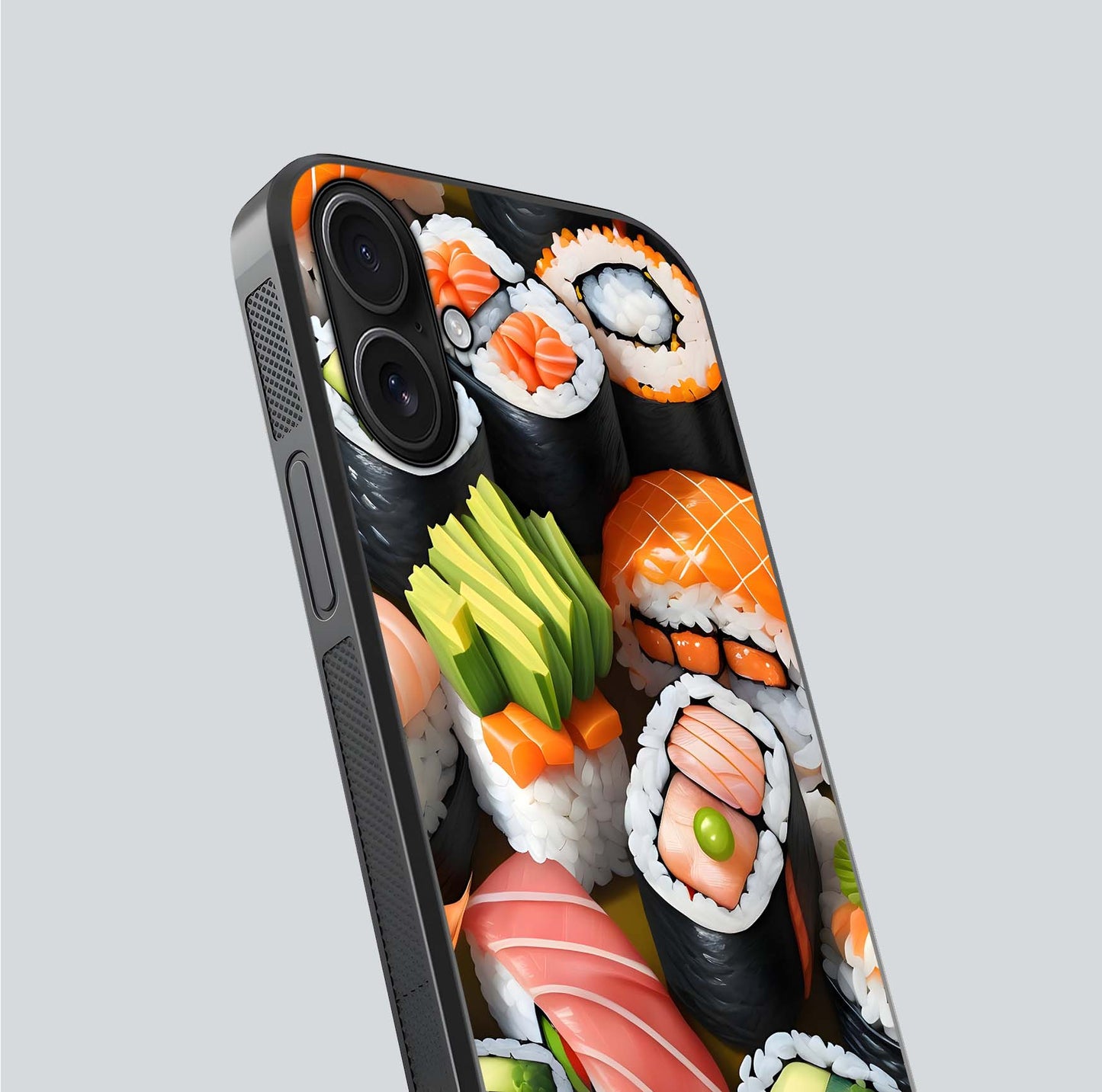 Sushi Food Pattern Glass Case for iPhone 16 close-up angled shot highlighting colorful sushi prints and reflection