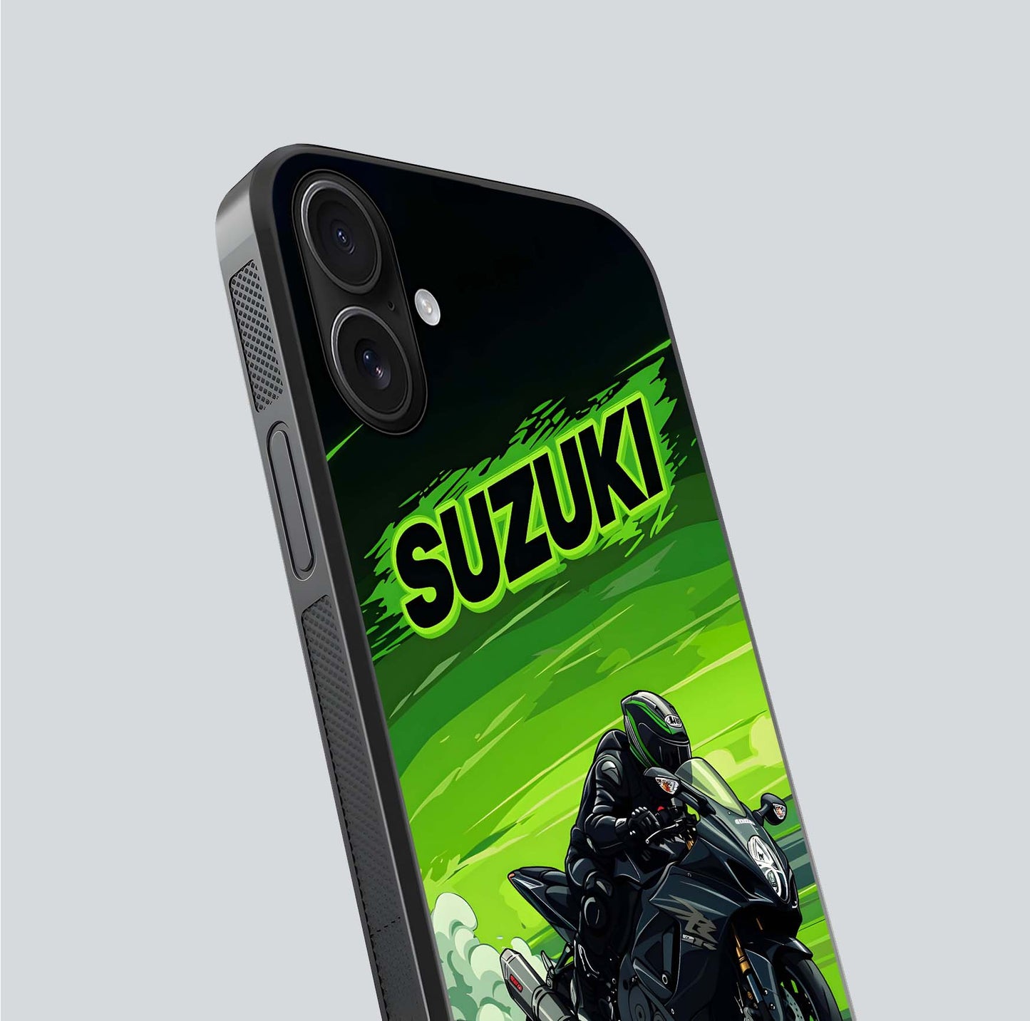 Suzuki Speed Beast Glass Case for iPhone 16 close-up angled shot highlighting bold tones and reflection