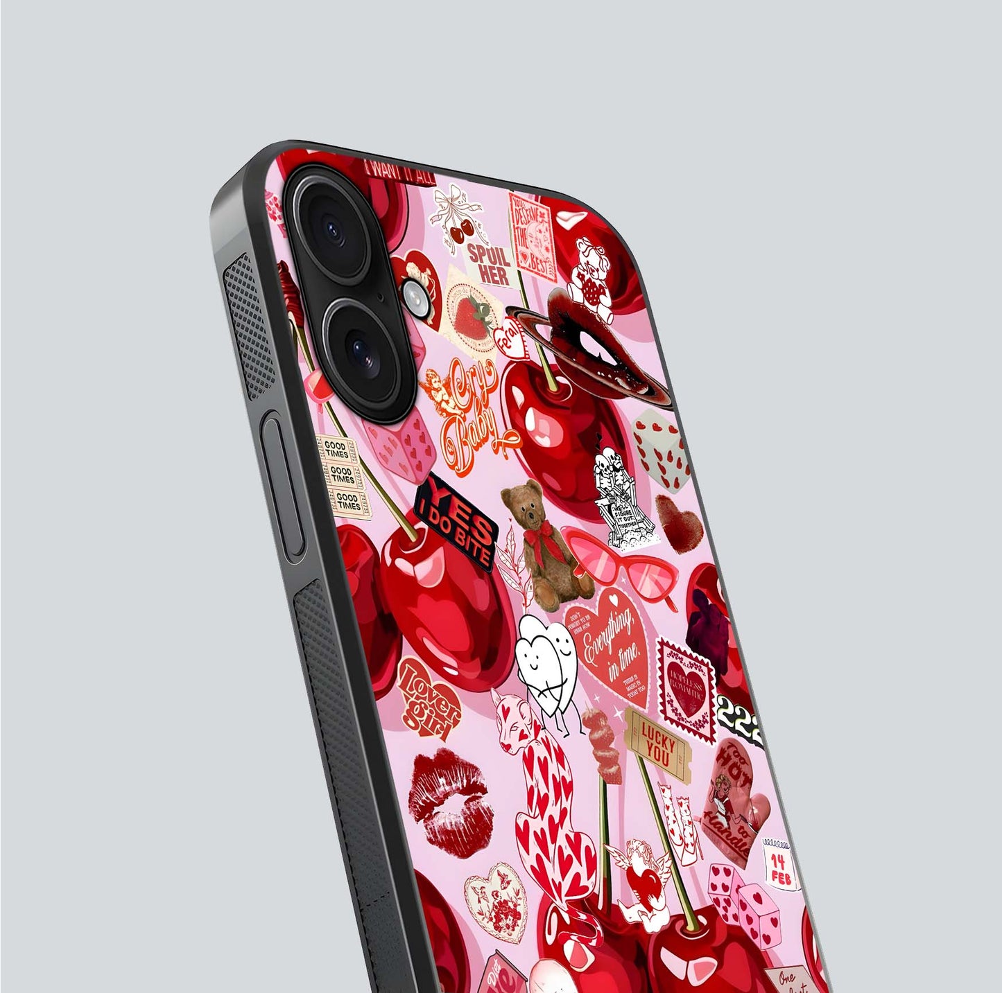 Sweet Cherry Chaos Glass Case for iPhone 16 close-up angled shot highlighting red tone contrast and reflection