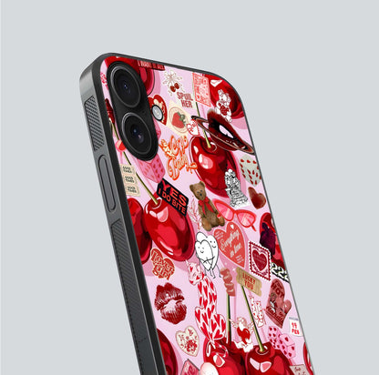 Sweet Cherry Chaos Glass Case for iPhone 16 close-up angled shot highlighting red tone contrast and reflection