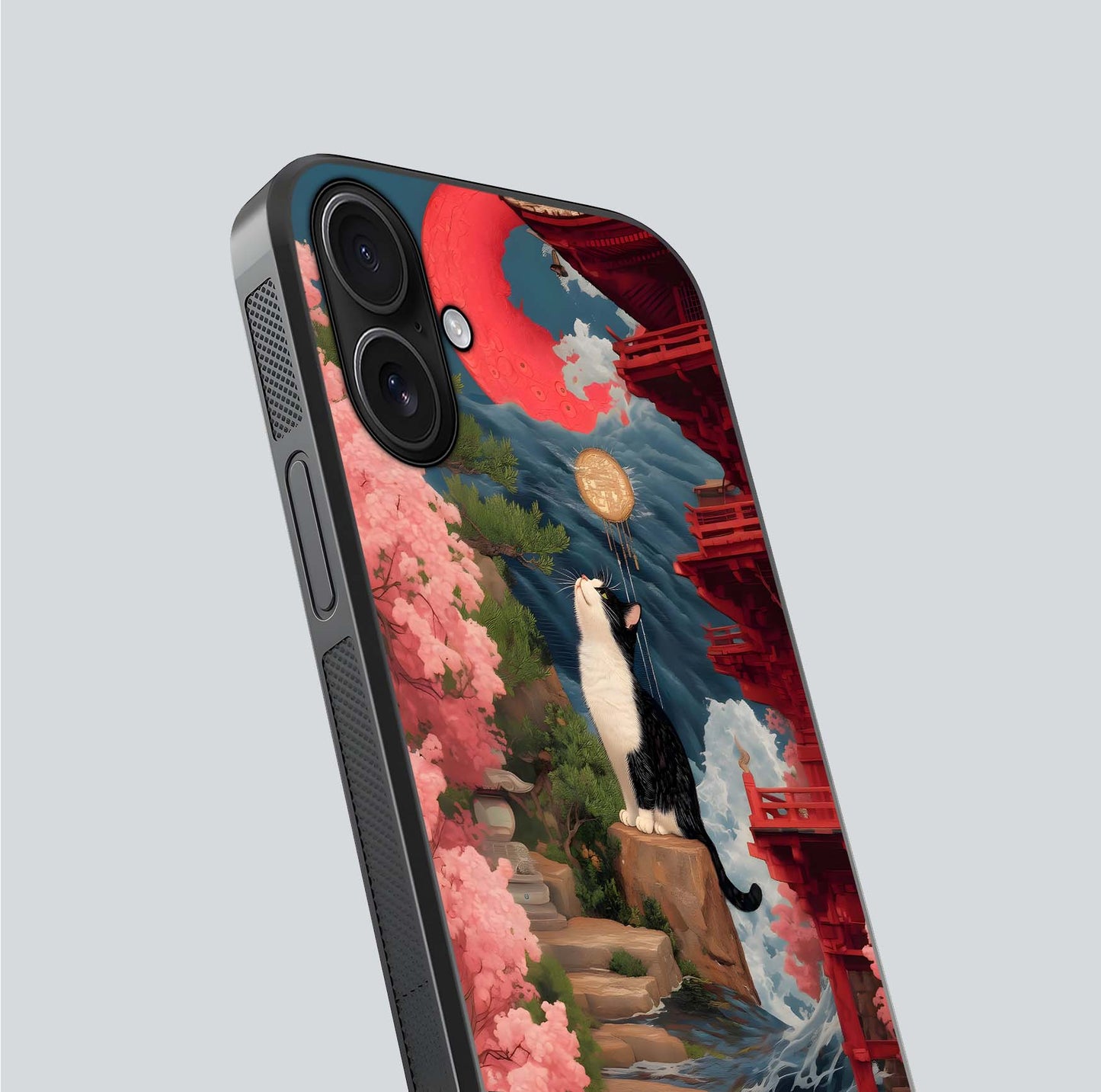 Temple Cat Scenery Glass Case for iPhone 16 close-up angled shot highlighting texture and reflection