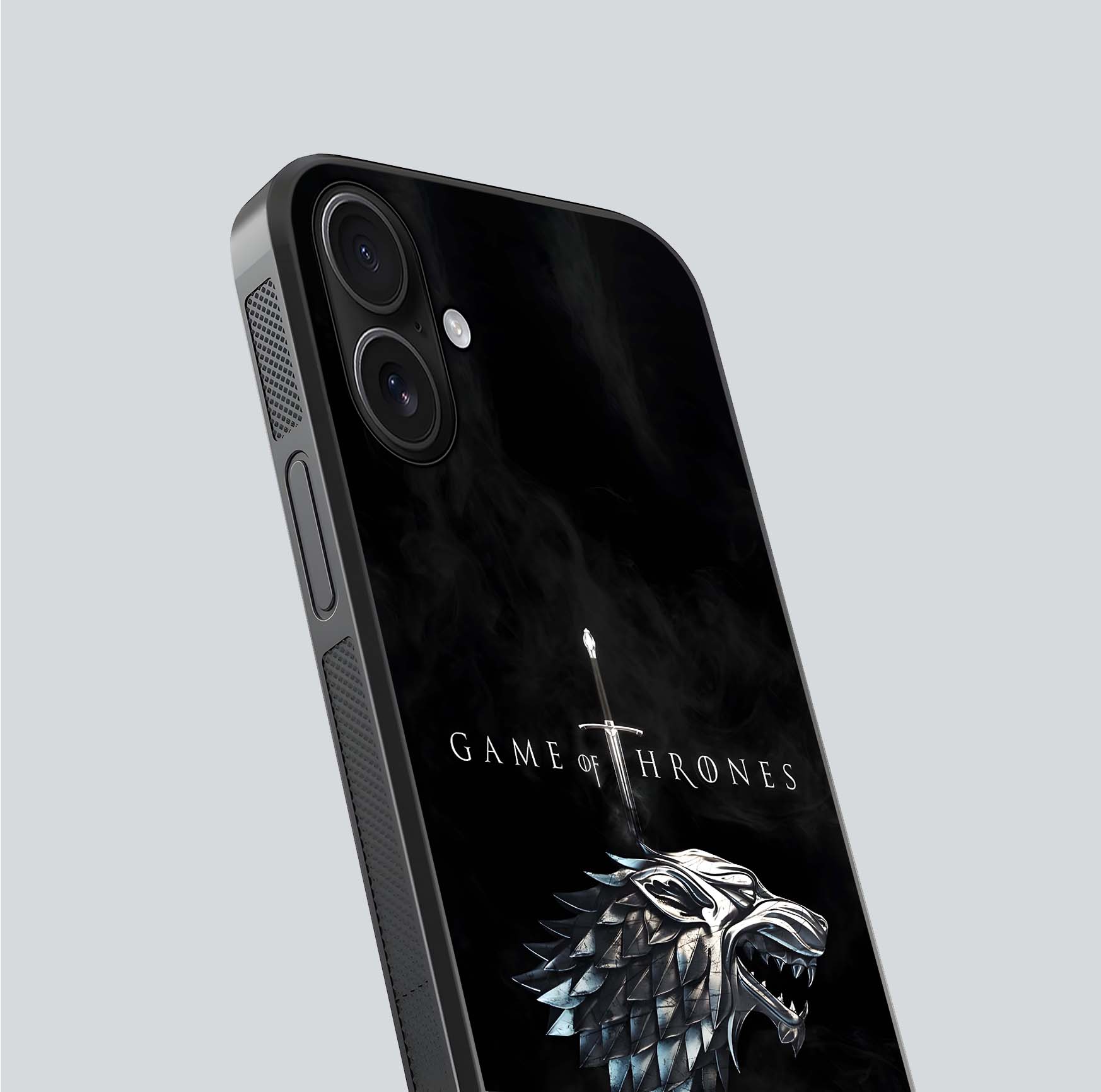 Throne Wolf Legacy Glass Case for iPhone 16 close-up angled shot highlighting fur texture and reflection