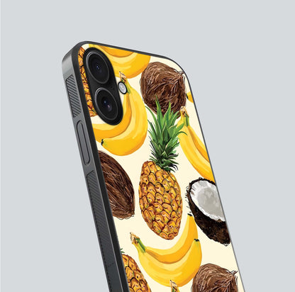 Tropical Fruit Mood Glass Case for iPhone 16 close-up angled shot highlighting fruit texture and reflection