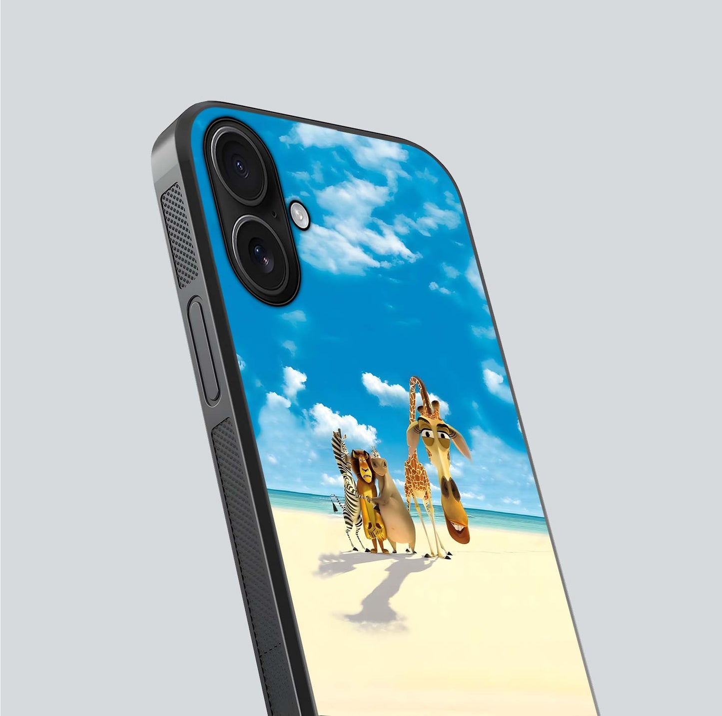 Tropical Fun Squad Glass Case for iPhone 16 close-up angled shot highlighting vibrant tones and texture