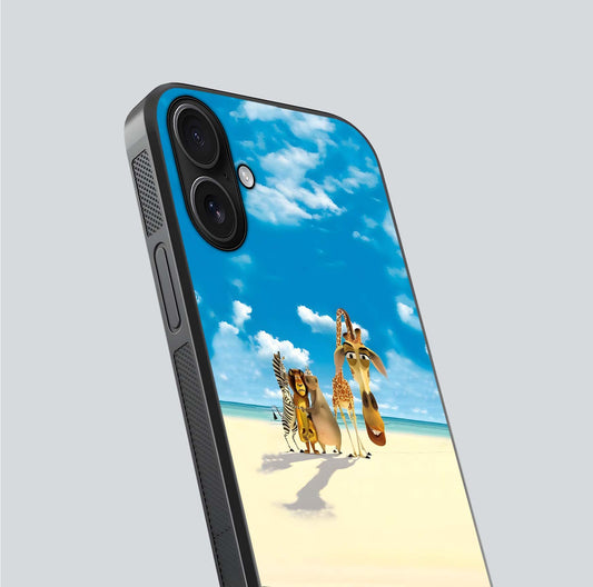 Tropical Fun Squad Glass Case for iPhone 16 close-up angled shot highlighting vibrant tones and texture
