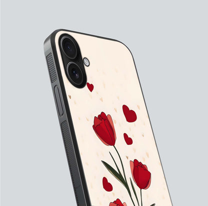 Tulip With Heart Glass Case for iPhone 16 close-up angled shot highlighting petal details and reflection