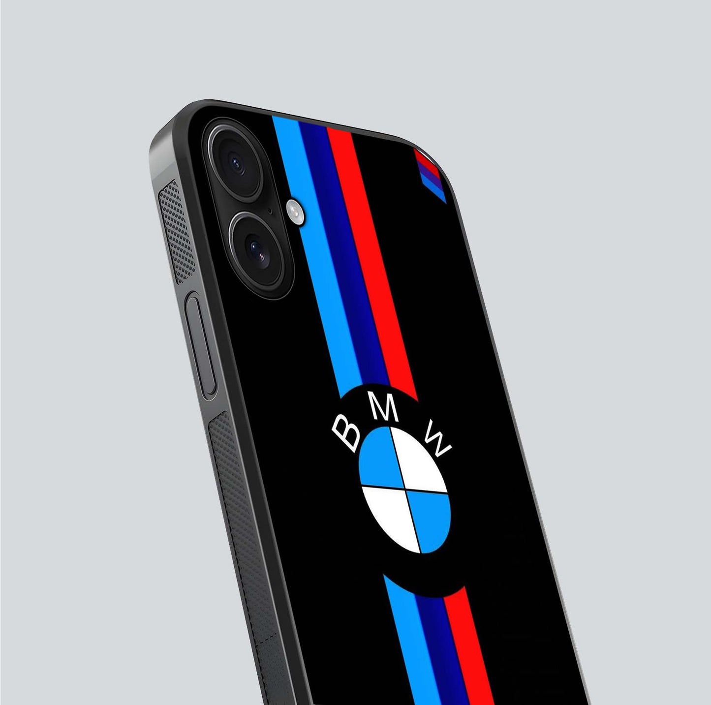 Turbo BMW Beast Glass Case for iPhone 16 close-up angled shot highlighting car detailing and reflection