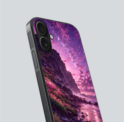 Twilight Blossom Coast Glass Case for iPhone 16 close-up angled shot highlighting gradient sky and reflection