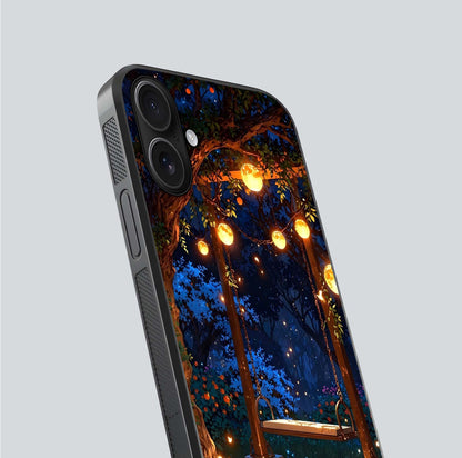 Twilight Garden Swing Glass Case for iPhone 16 close-up angled shot highlighting floral tones and reflection