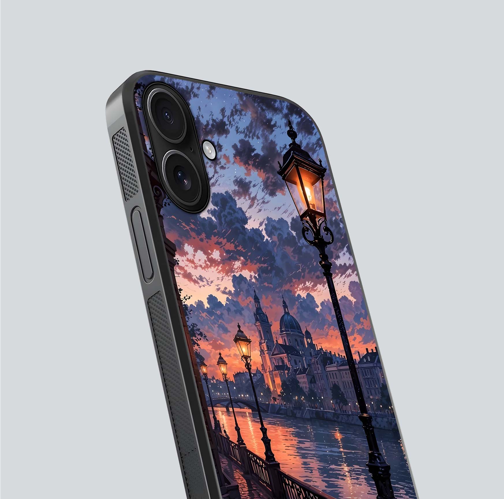 Twilight River Lights Glass Case for iPhone 16 close-up angled shot highlighting river reflections and color tones