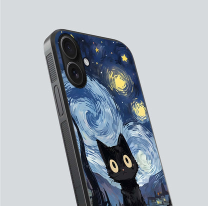 Van Gogh Cat Glass Case for iPhone 16 close-up angled shot highlighting brushstroke texture and reflection