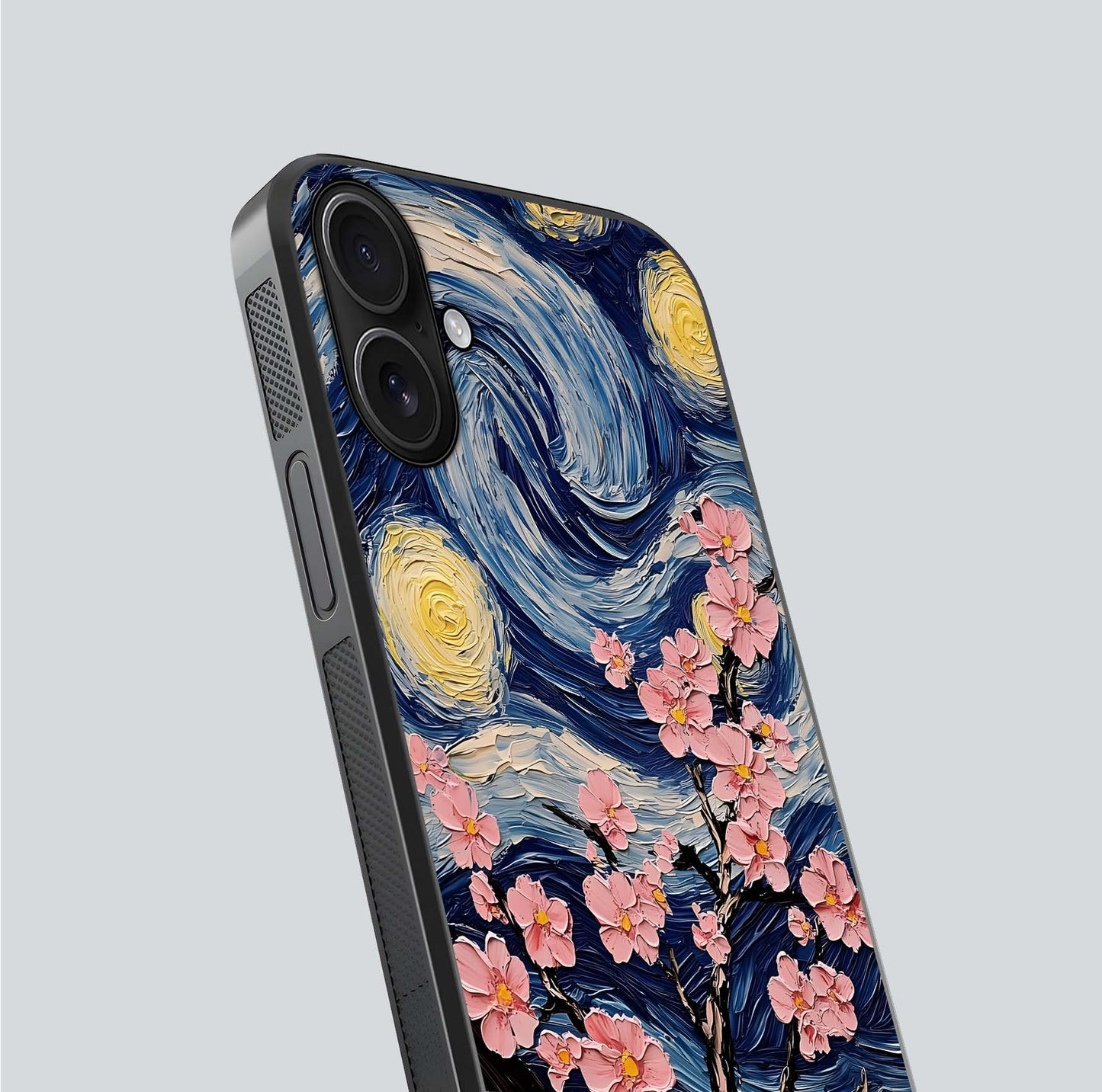 Van Gogh Scenery Glass Case for iPhone 16 close-up angled shot highlighting brushwork texture and color depth