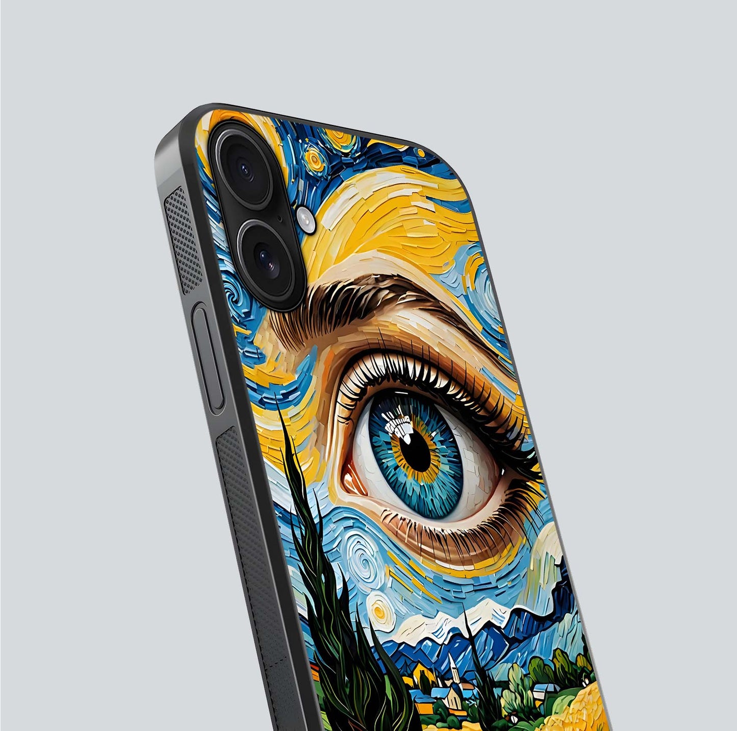 Van Gogh Eye Glass Case for iPhone 16 close-up angled shot highlighting color blend and gloss reflection