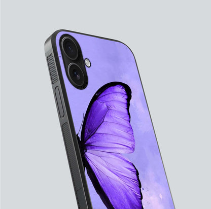 Violet Dream Wing Glass Case for iPhone 16 close-up angled shot highlighting wing texture and reflection