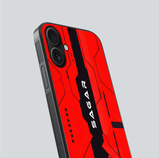 Voltage Rise CYBERPUNK Custom Name Glass Case for iPhone 16 close-up angled shot highlighting neon glow and reflection