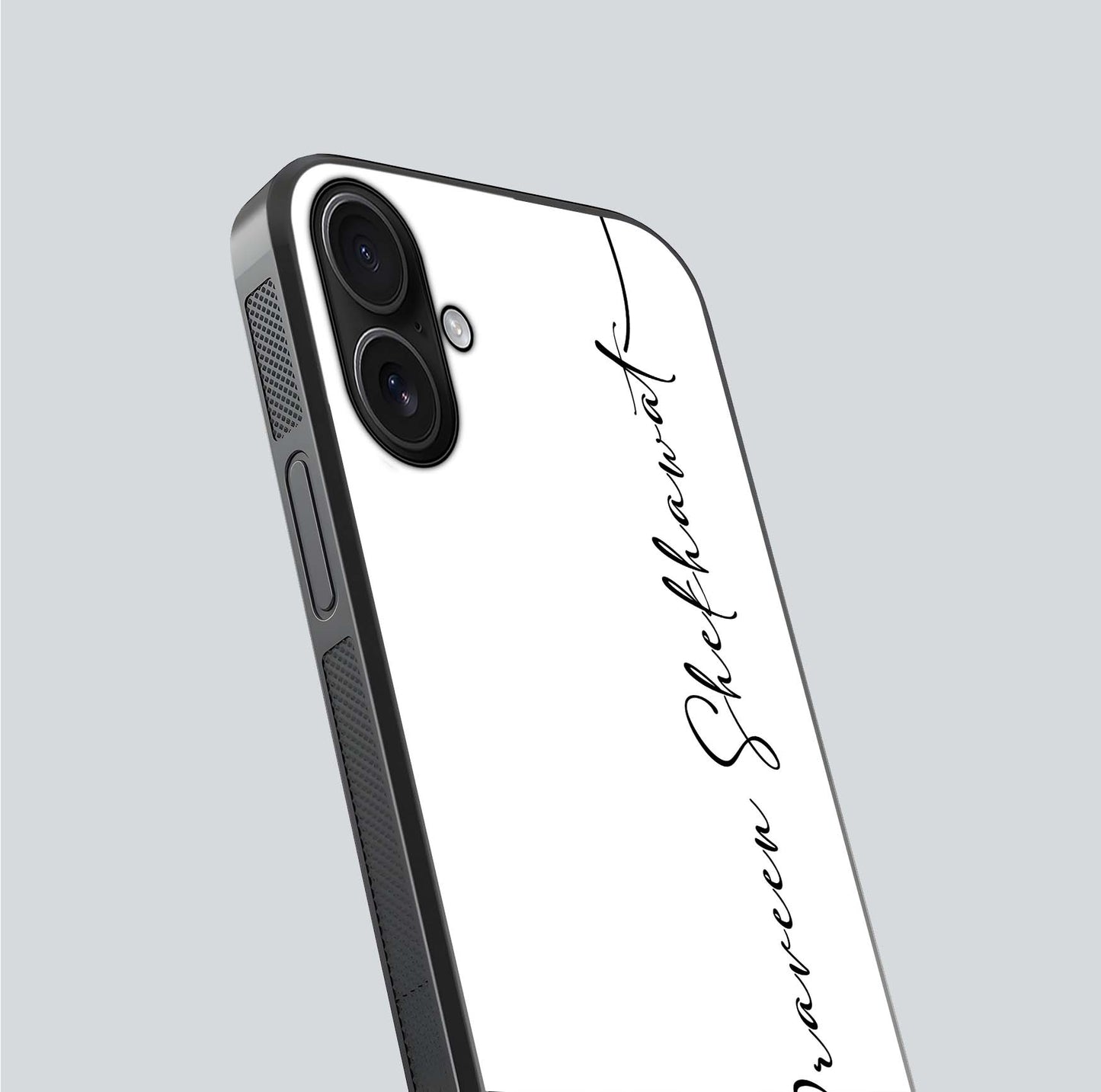 White Tune Custom Name Glass Case for iPhone 16 close-up angled shot highlighting gloss reflection and texture