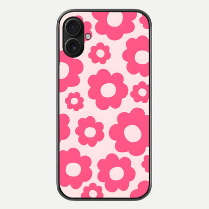 Blush Flower Pop iPhone 16 Plus glass phone case front view featuring playful blush floral artwork with glossy finish