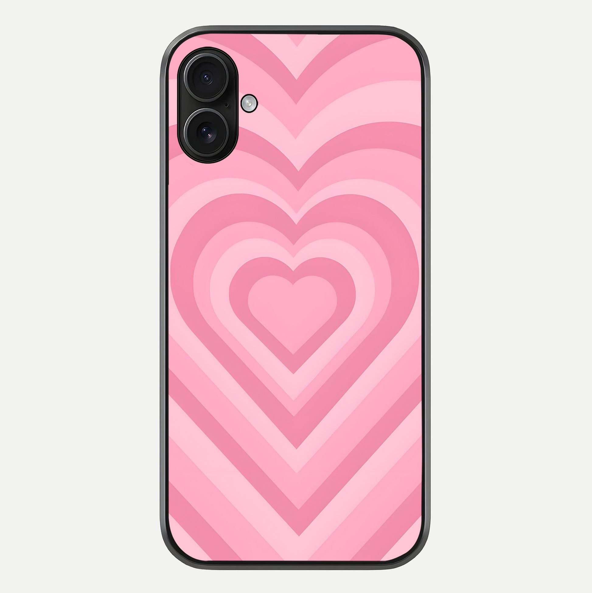 Blush Heart Waves iPhone 16 Plus glass phone case front view showcasing flowing heart wave patterns in soft blush tones