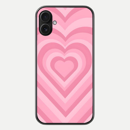 Blush Heart Waves iPhone 16 Plus glass phone case front view showcasing flowing heart wave patterns in soft blush tones