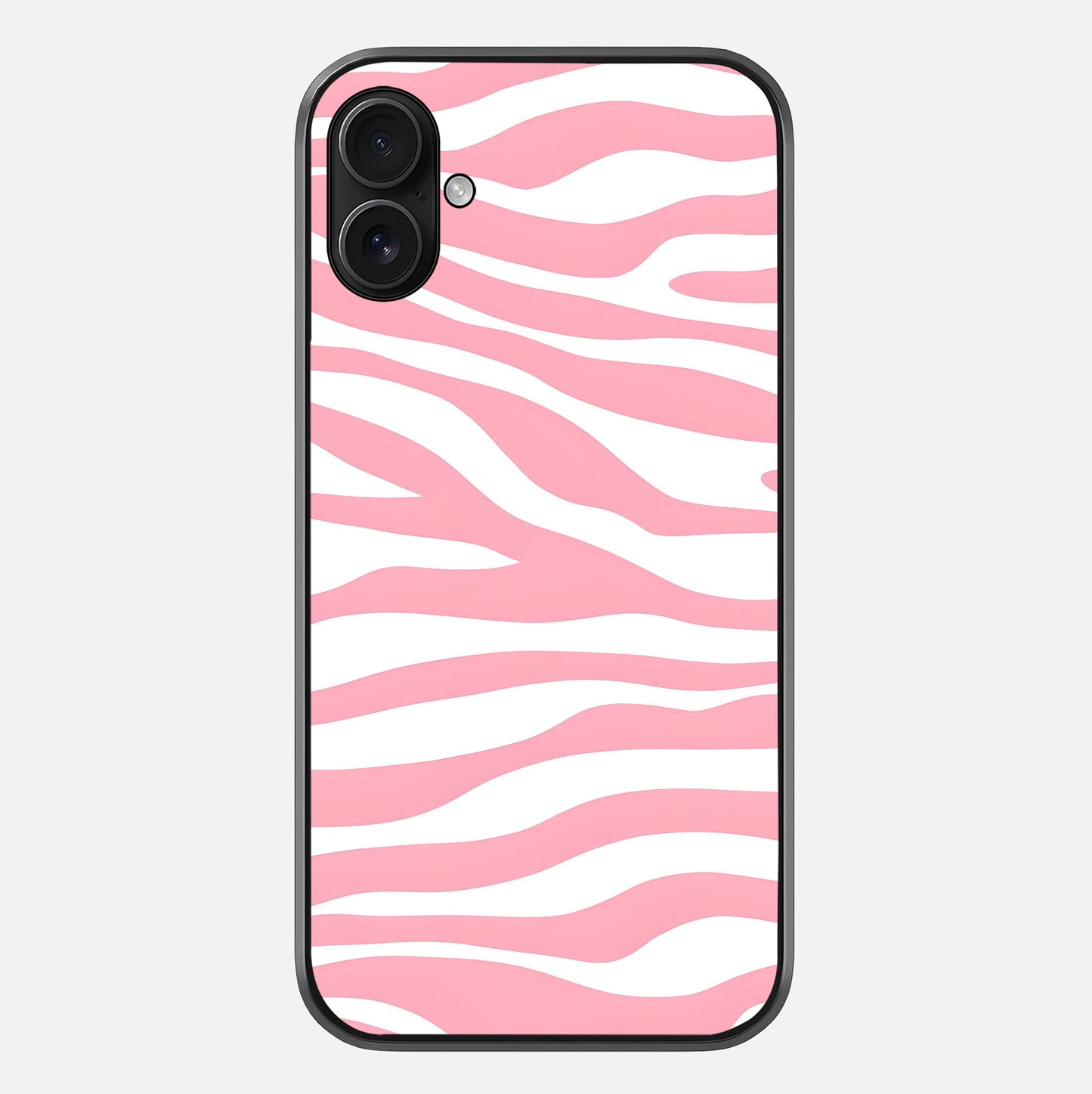 Blush Zebra Flow iPhone 16 Plus glass phone case front view featuring modern zebra flow pattern in blush tones
