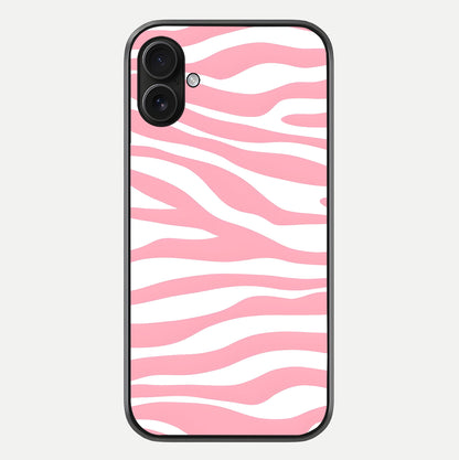 Blush Zebra Flow iPhone 16 Plus glass phone case front view featuring modern zebra flow pattern in blush tones