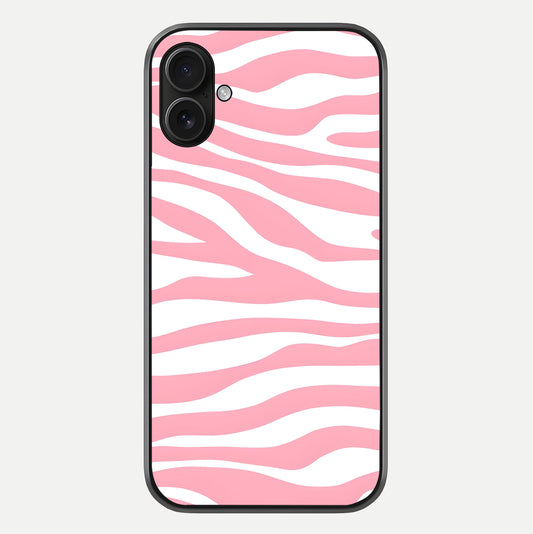 Blush Zebra Flow iPhone 16 Plus glass phone case front view featuring modern zebra flow pattern in blush tones