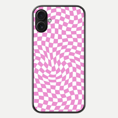 Bubblegum Check Wave iPhone 16 Plus glass phone case front view showcasing playful bubblegum check wave pattern with glossy finish