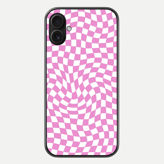 Bubblegum Check Wave iPhone 16 Plus glass phone case front view showcasing playful bubblegum check wave pattern with glossy finish