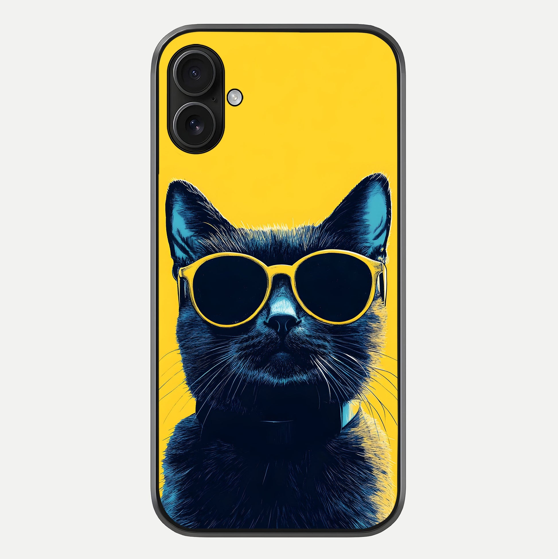 Cool Cat Vibes iPhone 16 Plus glass phone case front view featuring playful cat illustration with cool aesthetic tones
