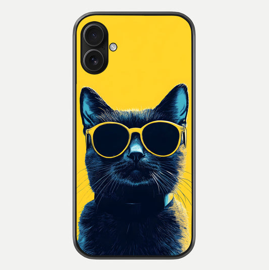 Cool Cat Vibes iPhone 16 Plus glass phone case front view featuring playful cat illustration with cool aesthetic tones
