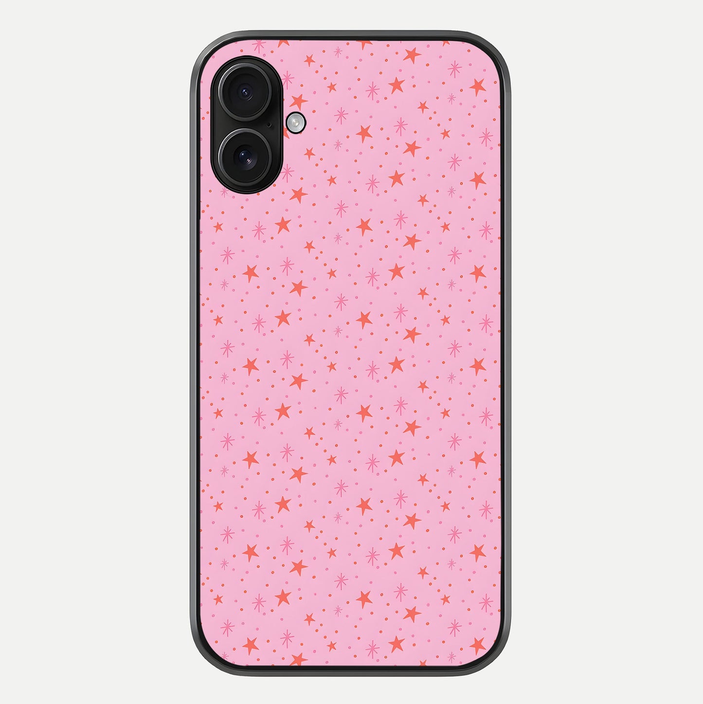 Cosmic Pink Sparkle iPhone 16 Plus glass phone case front view showcasing shimmering pink cosmic artwork with glossy finish