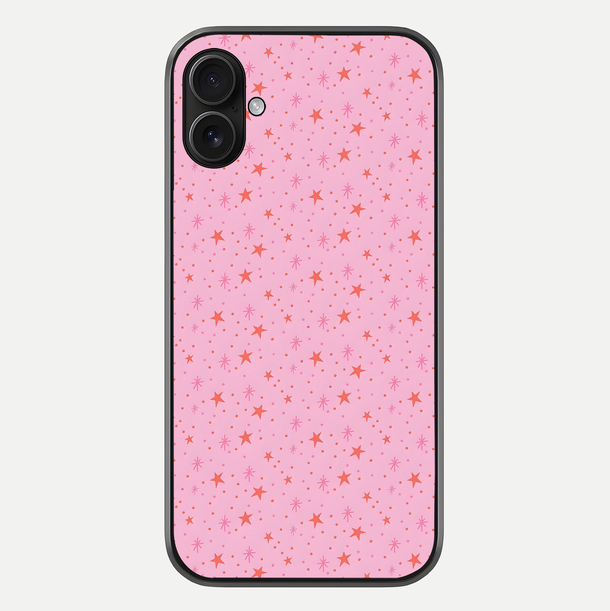 Cosmic Pink Sparkle iPhone 16 Plus glass phone case front view showcasing shimmering pink cosmic artwork with glossy finish