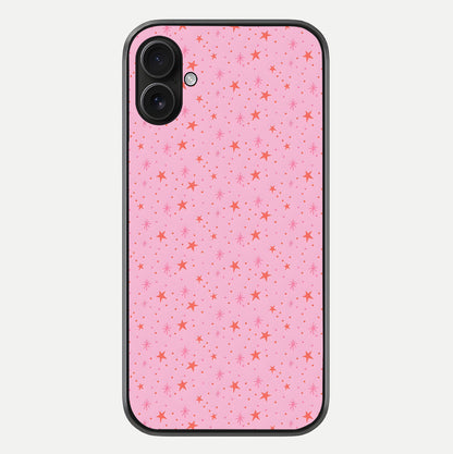 Cosmic Pink Sparkle iPhone 16 Plus glass phone case front view showcasing shimmering pink cosmic artwork with glossy finish