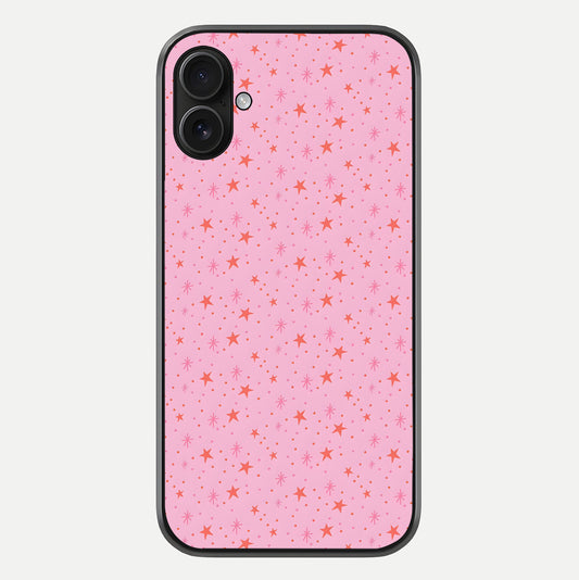 Cosmic Pink Sparkle iPhone 16 Plus glass phone case front view showcasing shimmering pink cosmic artwork with glossy finish