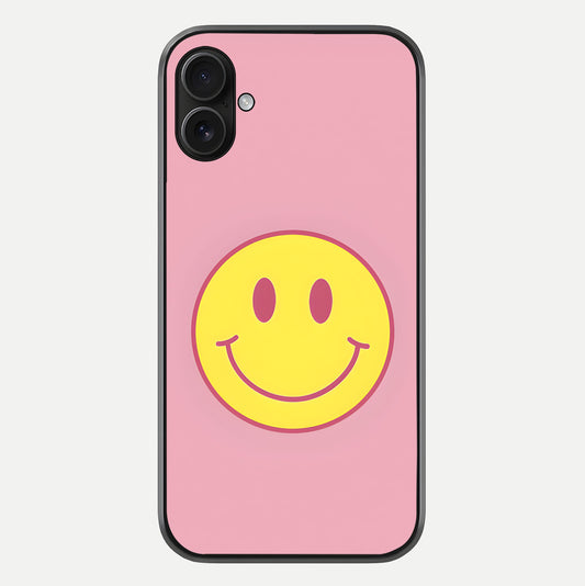 Happy Pink Mood iPhone 16 Plus glass phone case front view featuring cheerful pink tones and playful aesthetic design
