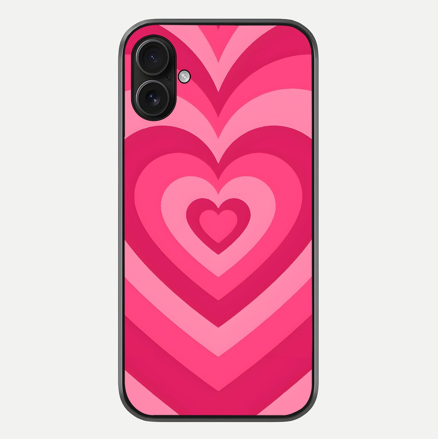 Layered Love Hearts iPhone 16 Plus glass phone case front view showcasing layered heart patterns with romantic aesthetic
