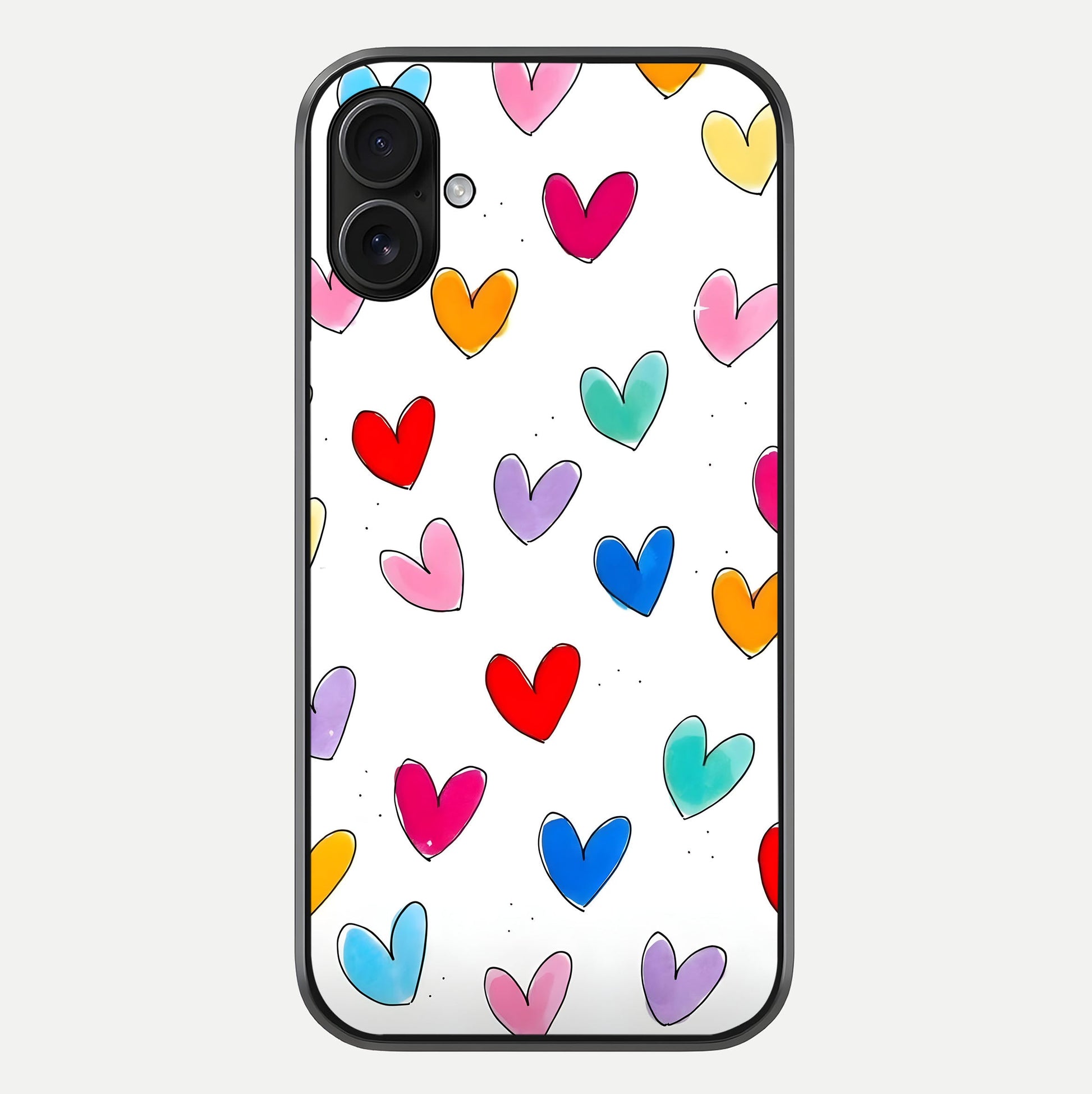 Playful Love Doodles iPhone 16 Plus glass phone case front view featuring cute love doodle illustrations with fun vibe