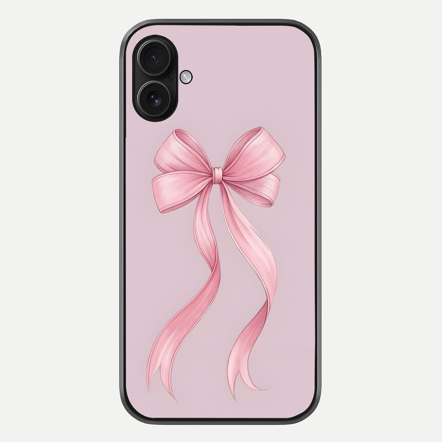Soft Blush Bow iPhone 16 Plus glass phone case front view showcasing soft blush tones with elegant bow design