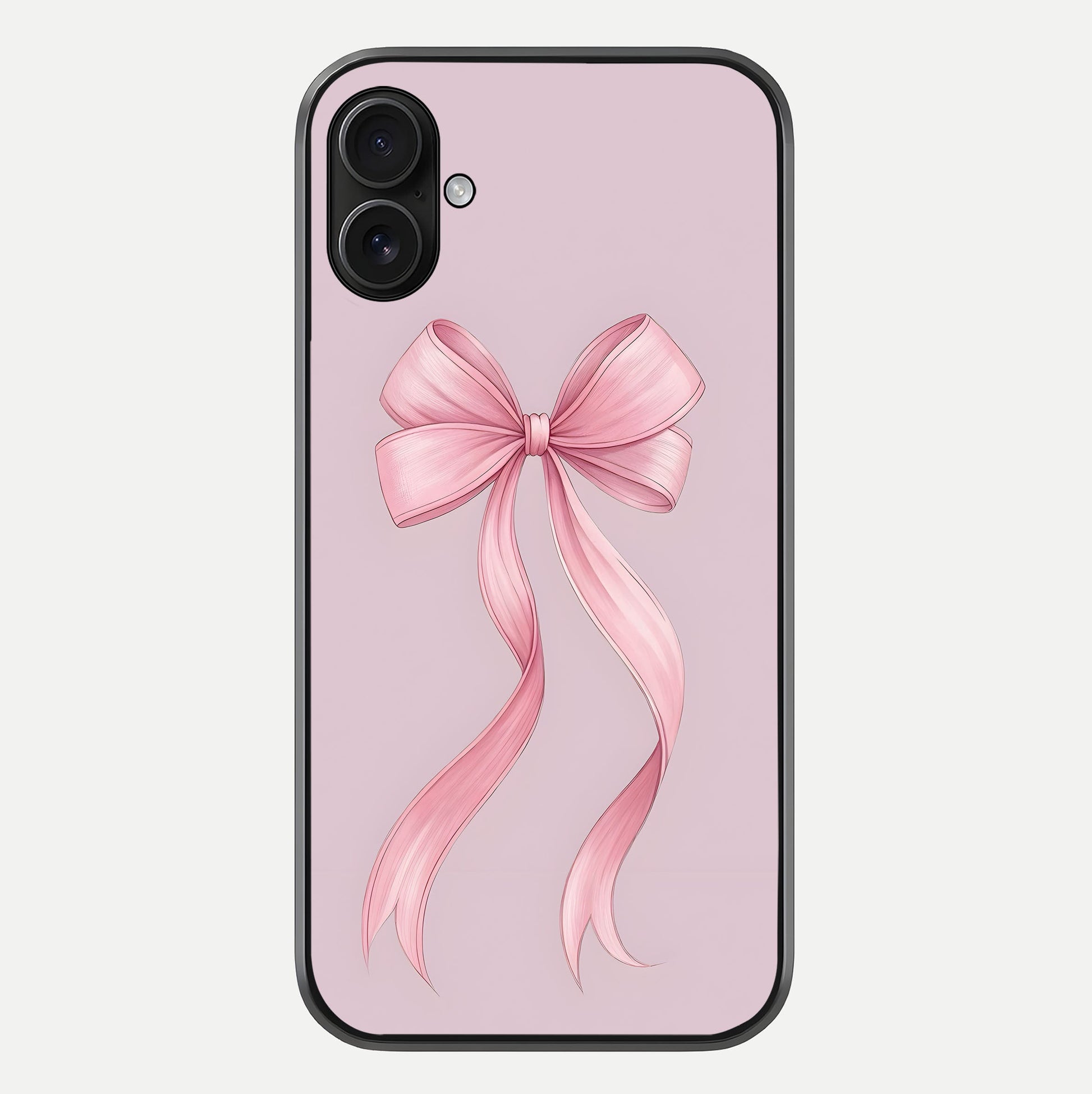 Soft Blush Bow iPhone 16 Plus glass phone case front view showcasing soft blush tones with elegant bow design
