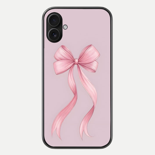 Soft Blush Bow iPhone 16 Plus glass phone case front view showcasing soft blush tones with elegant bow design