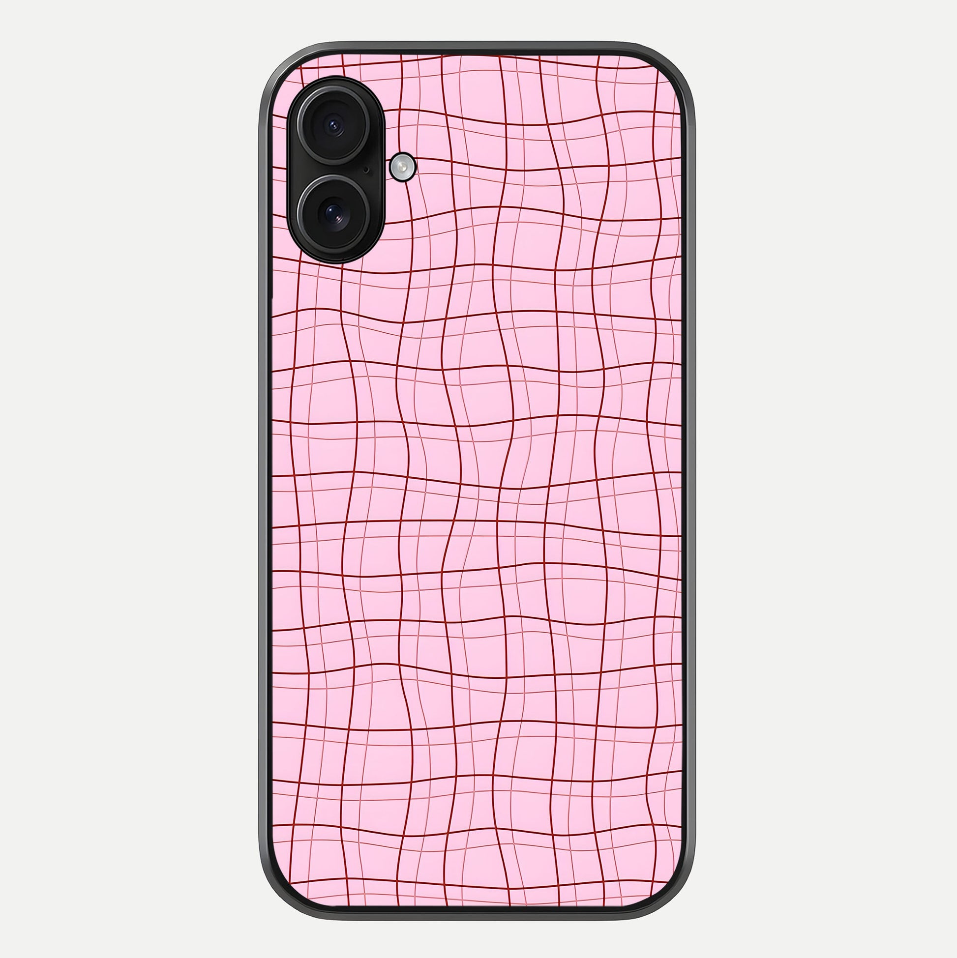 Soft Grid Bliss iPhone 16 Plus glass phone case front view showcasing minimal grid pattern with soft aesthetic