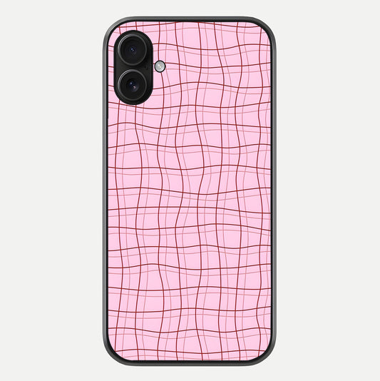 Soft Grid Bliss iPhone 16 Plus glass phone case front view showcasing minimal grid pattern with soft aesthetic