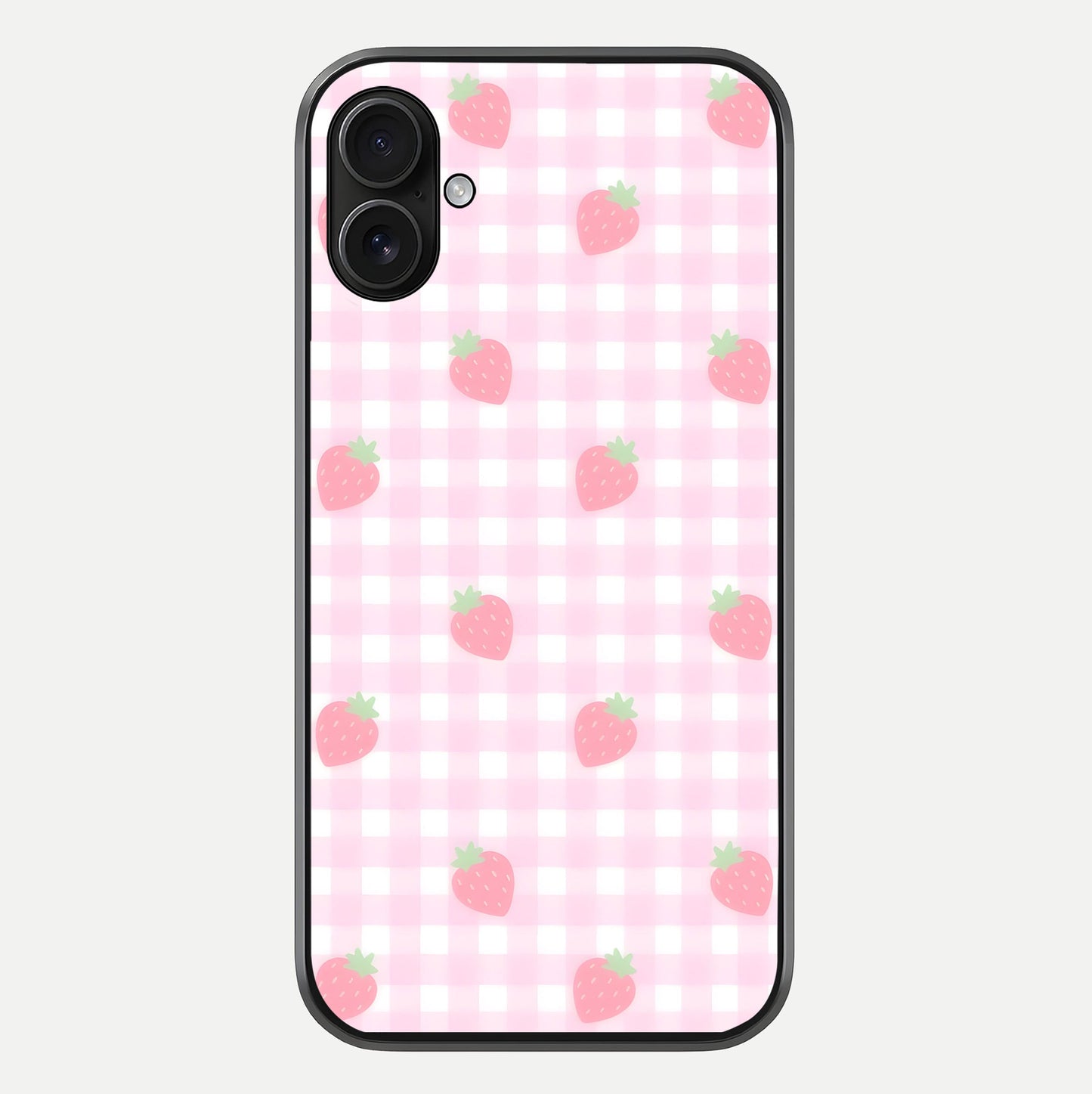 Strawberry Picnic Love iPhone 16 Plus glass phone case front view featuring cute strawberry picnic artwork with romantic vibe