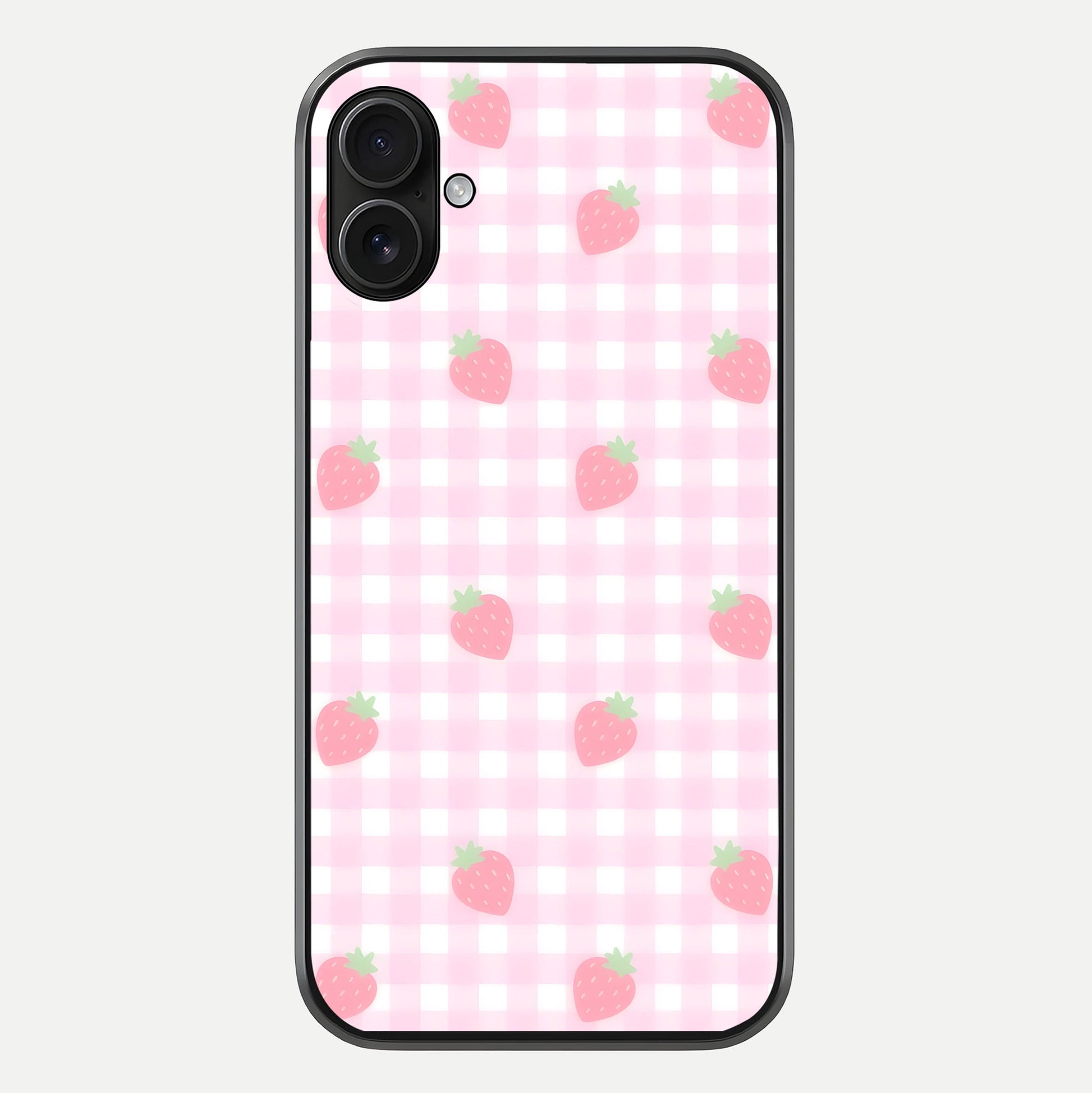 Strawberry Picnic Love iPhone 16 Plus glass phone case front view featuring cute strawberry picnic artwork with romantic vibe