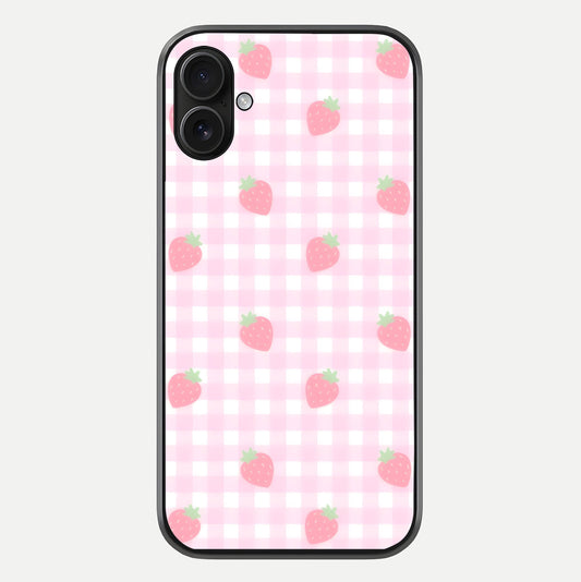 Strawberry Picnic Love iPhone 16 Plus glass phone case front view featuring cute strawberry picnic artwork with romantic vibe