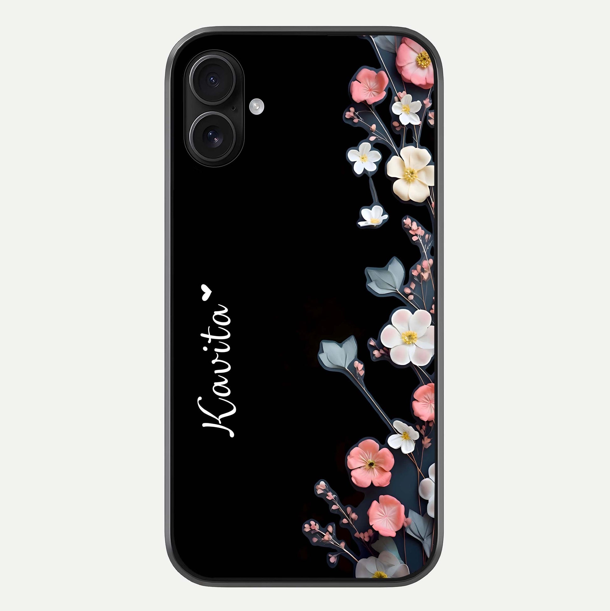 Black Elegance Floral Custom Name Glass Case For iPhone 16 Pro by Custom World